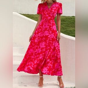 PRETTYGARDEN Summer Maxi Dress Casual Wrap Floral Boho Ruffle Beach